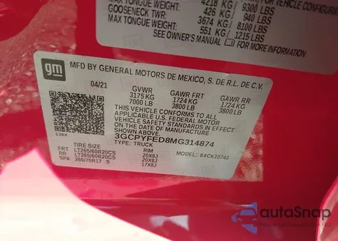 2021 Chevrolet Silverado 1500 4Wd Standard Bed Lt Trail Boss from USA, damaged, VIN 3GCPYFED8MG314874